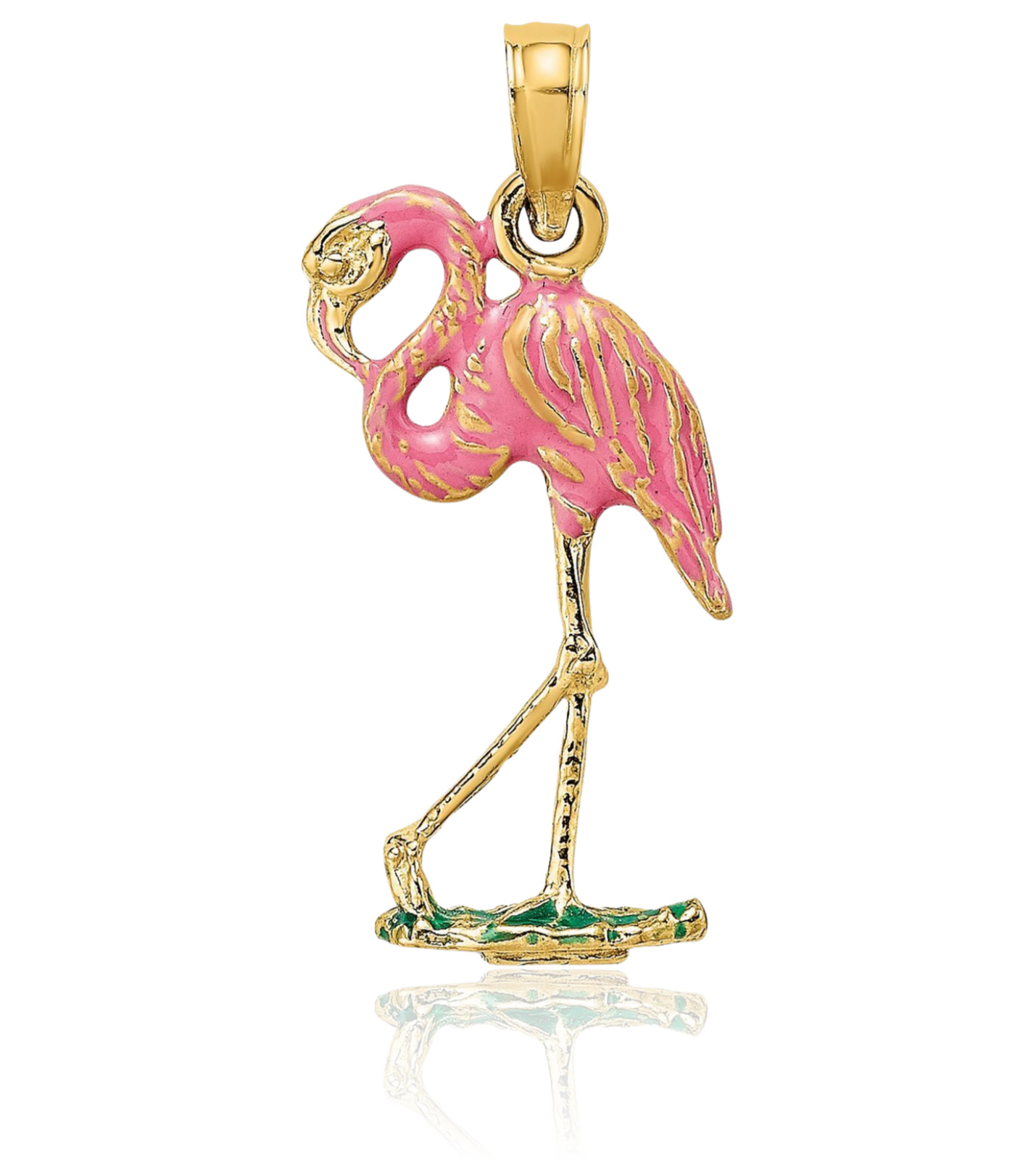 10K Solid Yellow Gold Medium Pink Flamingo Pendant Necklace 19.4mm 3/4 inch 3d