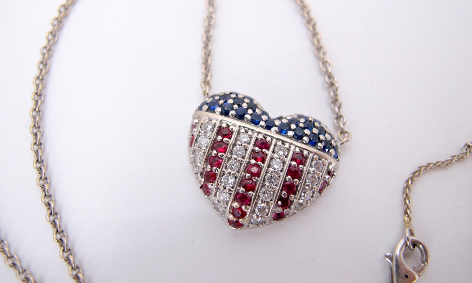 Stunning 14K White Gold Rubies-Diamonds-Sapphires Necklace 17″ Long “TC4033317”