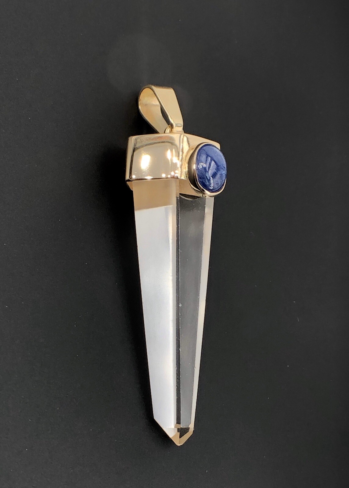Unique 14k Gold Natural Quartz Point & Sapphire Pendant, 2.4″, New