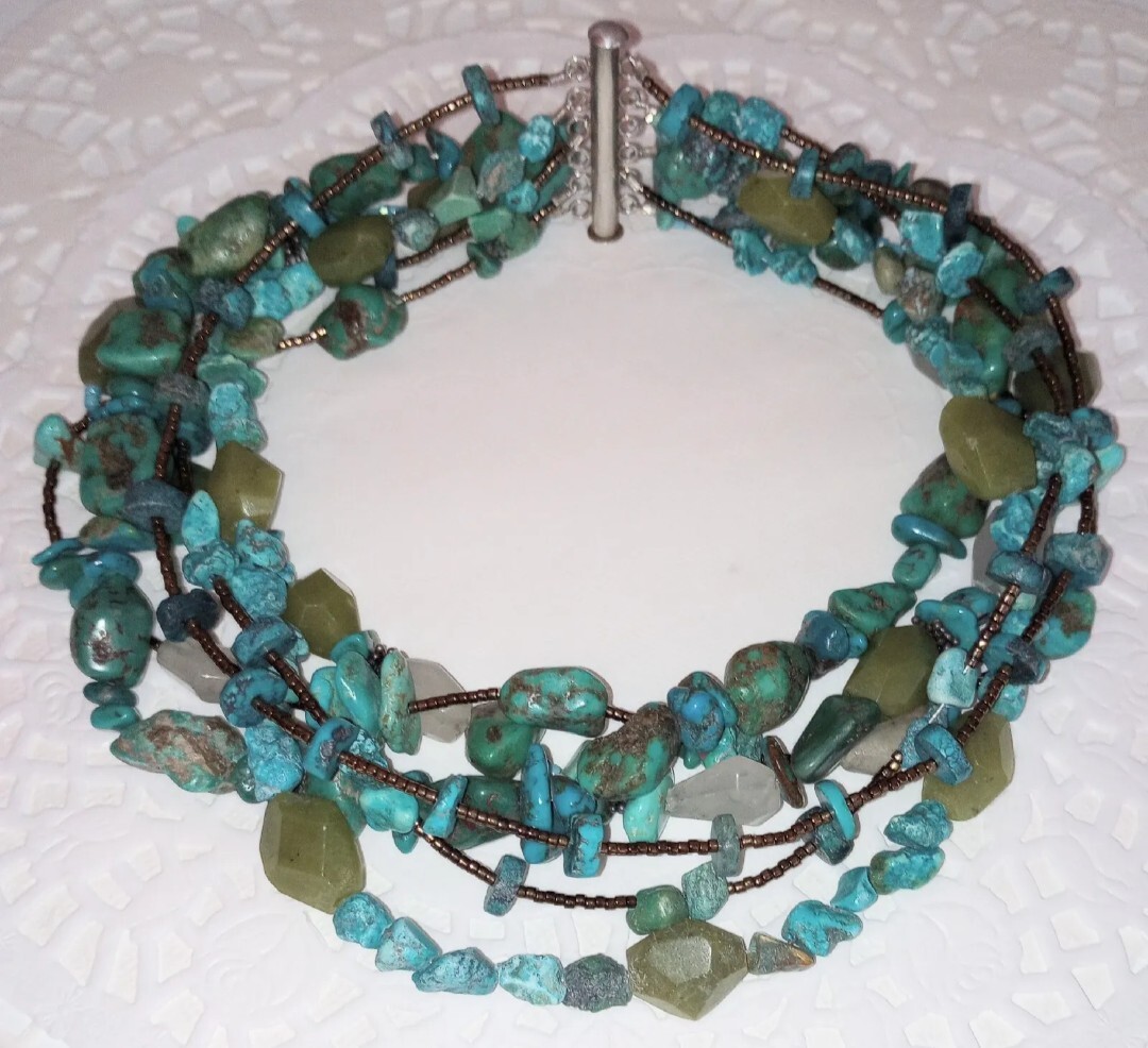 Vintage ? Native American ?Stone Bead Choker 6Row Necklace Turquoise Nuggets 925