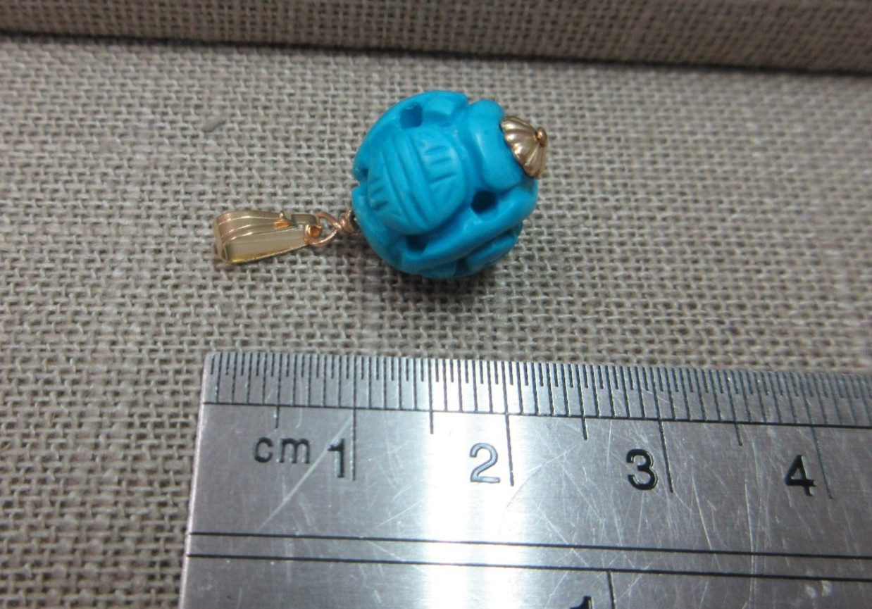 14K Yellow Gold Carved Longevity 12.65mm Real Turquoise Charm Pendant 2.6 Grams