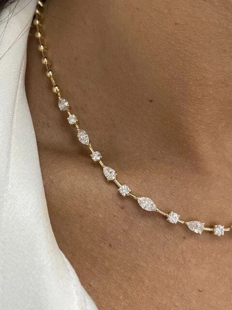 5 CT Pear Cut White Moissanite Women’s Tennis Necklace 14K Yellow Gold Plated