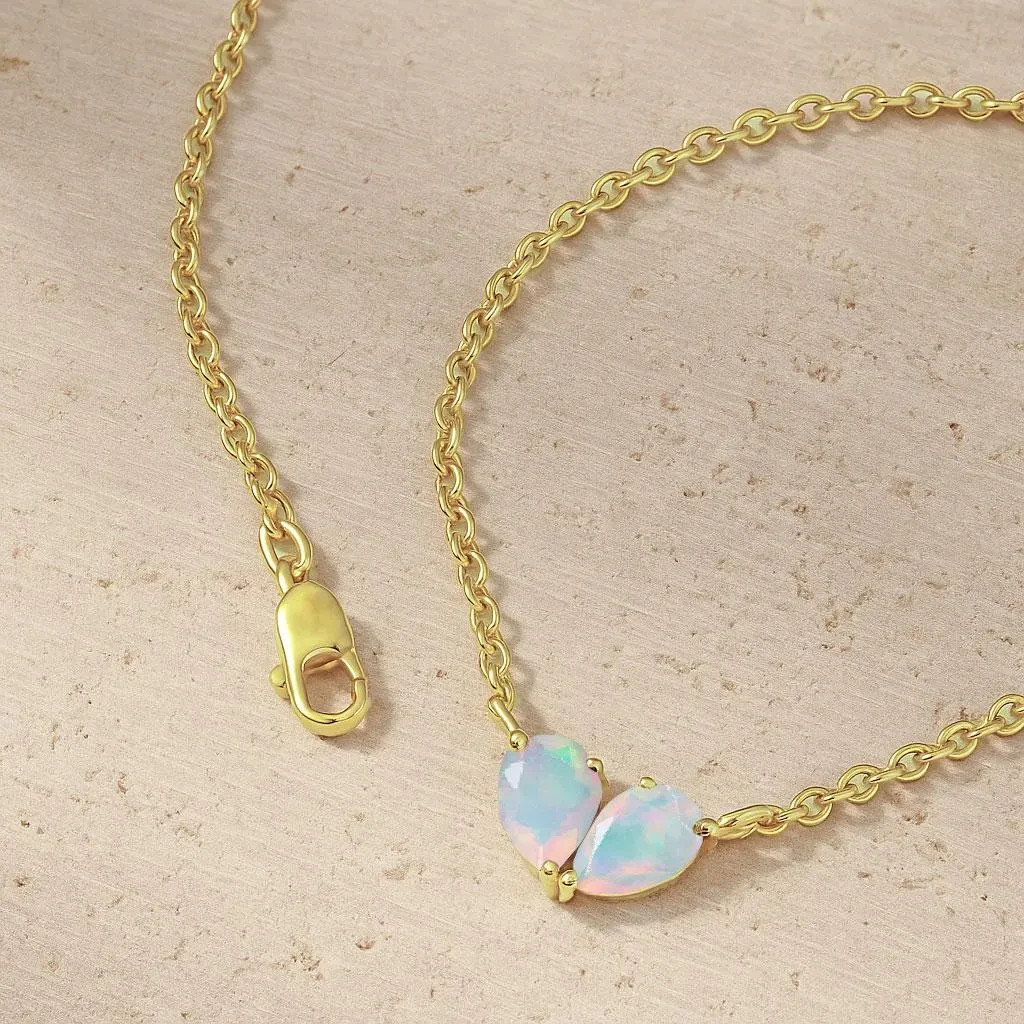 AAA White Opal Dual Pear Gemstone Necklace, Ethiopian Opal Gold Chain Pendant