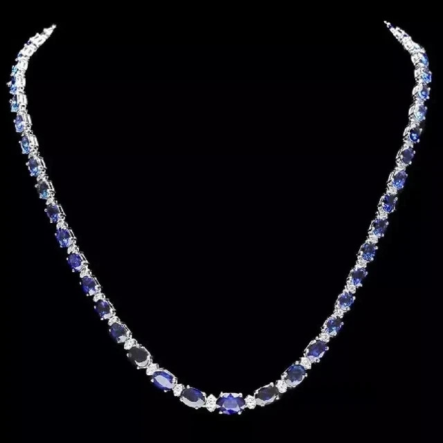 17CT Oval Cut Lab-Created 14K White Gold Finish Blue Sapphire Tennis Necklace