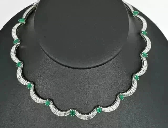 17CT Lab Created Emerald /Moissanite Women Tennis Necklace 14K White Gold Plated