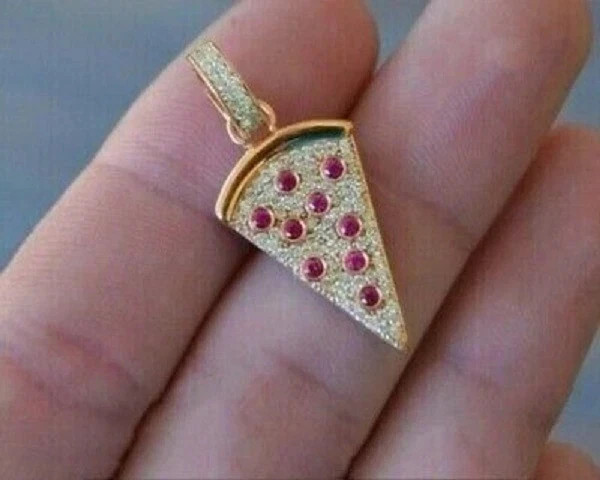 2.10Ct Round Cut Ruby/Diamond Pizza Slice Pendant 14K Yellow Gold Plated 18″