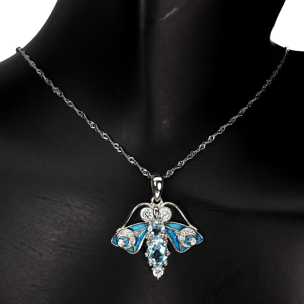 925 Sterling Silver Oval Blue Topaz 7x5mm Simulated Cz Bee Necklace