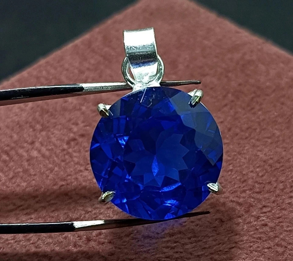 Natural 22 Ct Blue Sapphire Certified Round Cut 925Solid Silver Pendant Gemstone