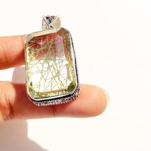925 Sterling Silver Pendant Handmade Jewelry Golden Rutilated Quartz Gemstone