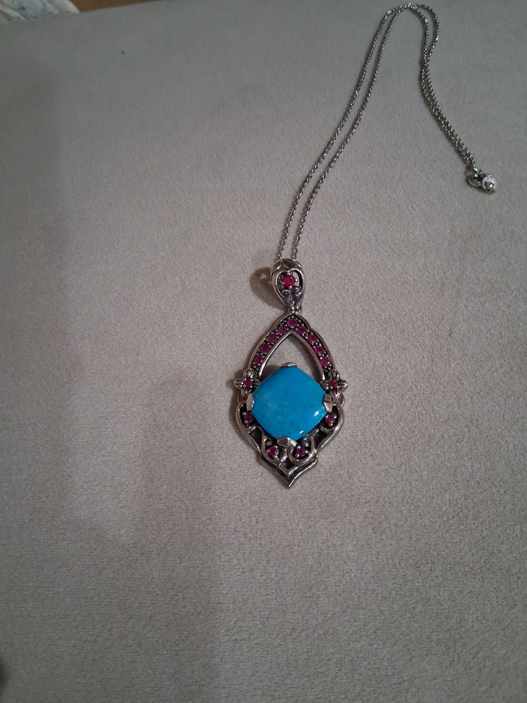 Turquoise & Garnet Sterling Silver Pendant Necklace Very Good Condition