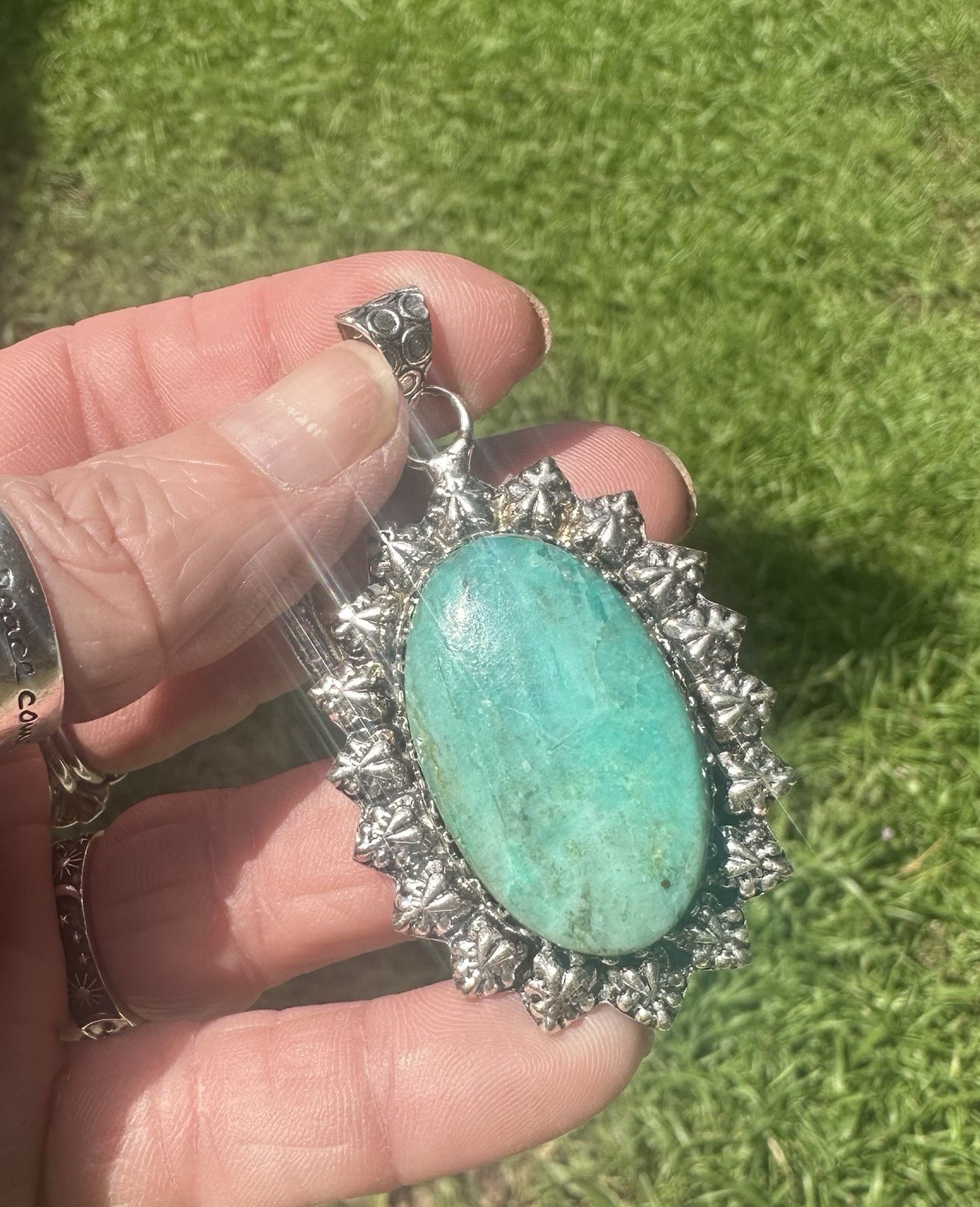 925 SS Large Amazonite Oval Pendant Sunburst Leaf Frame Boho Healing Crystal