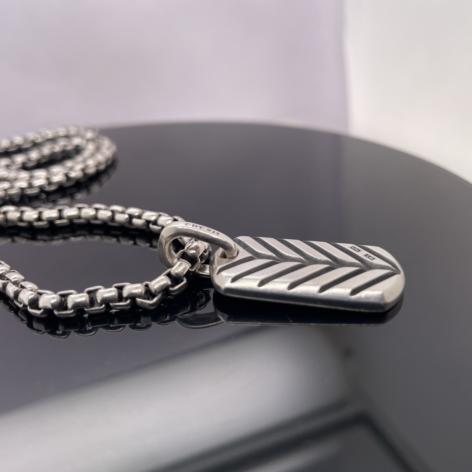 David Yurman Silver Black Diamonds Chevron Tag Pendant Necklace $2600 / 27mm