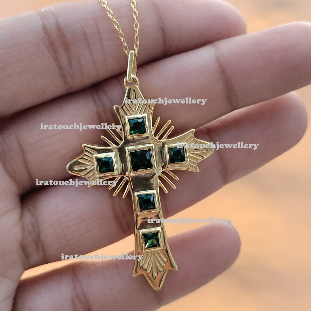 3Ct Princess Cut Lab Created Emerald Cross Pendant For Women 14k Gold Finish