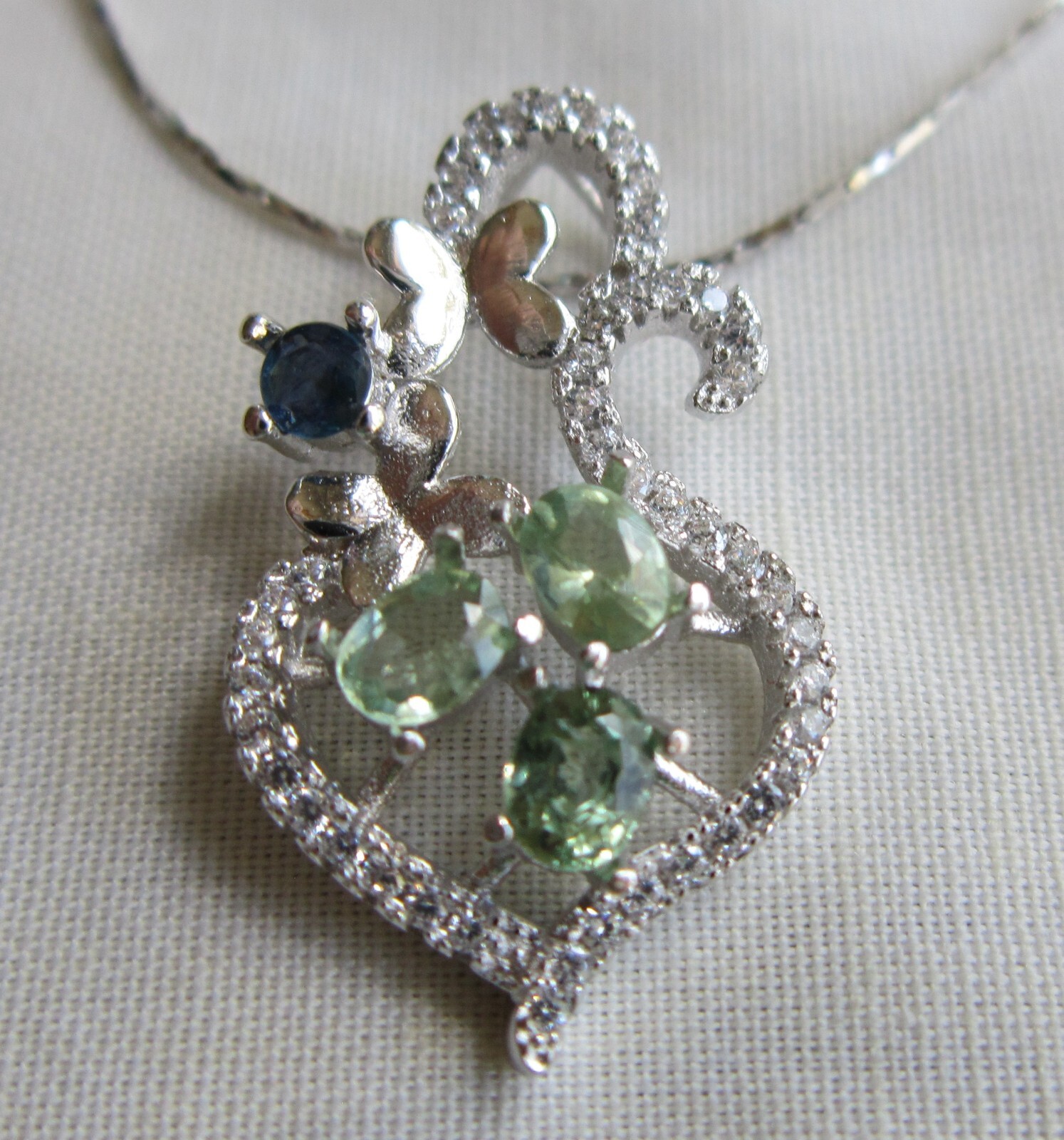 .925 STERLING SILVER GENUINE GREEN & BLUE SAPPHIRE / LC DIAMOND PENDANT NECKLACE