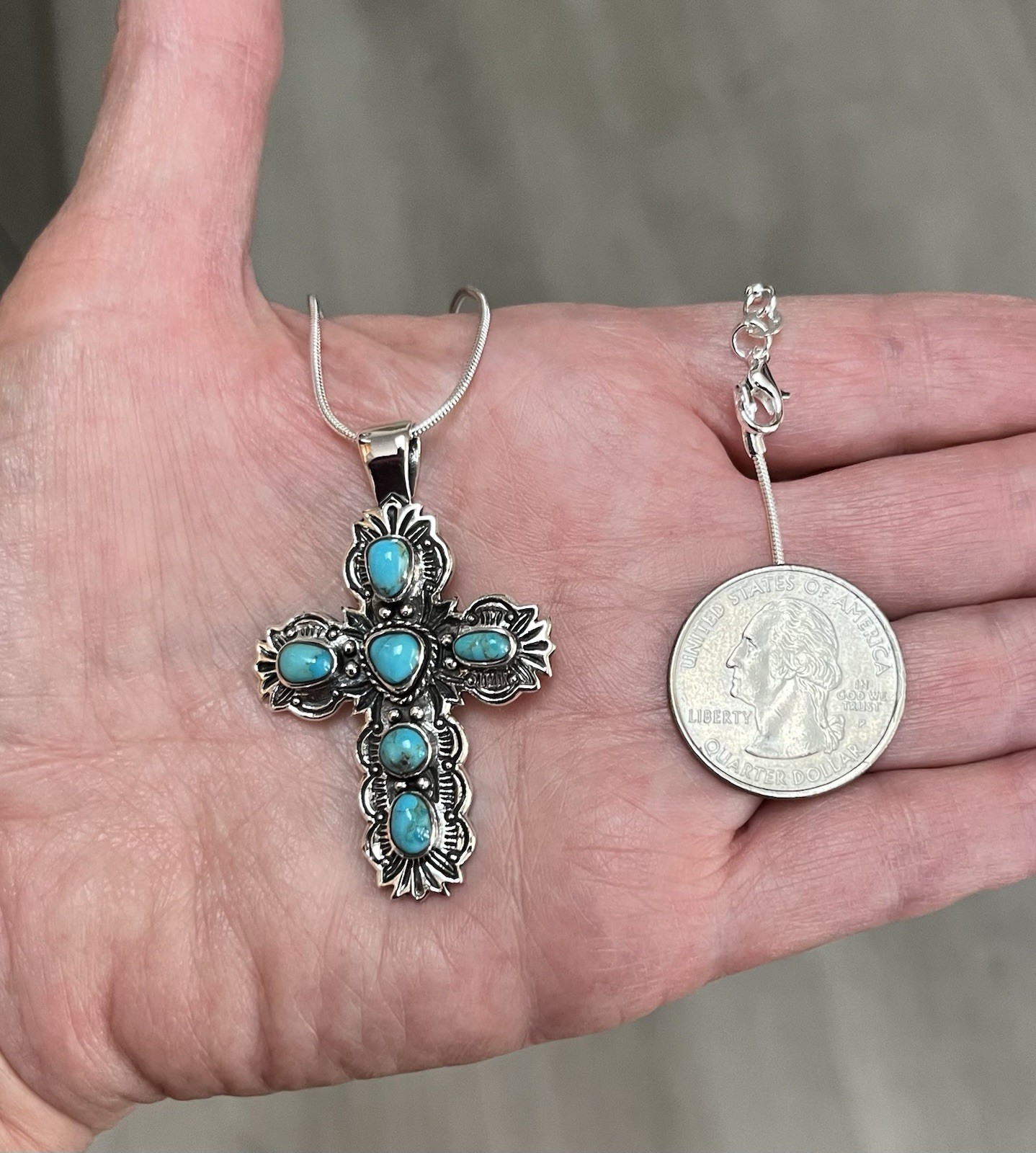 Sterling Silver Genuine Turquoise Cross Pendant & 20” SS Necklace Gorgeous!!🩵⭐️