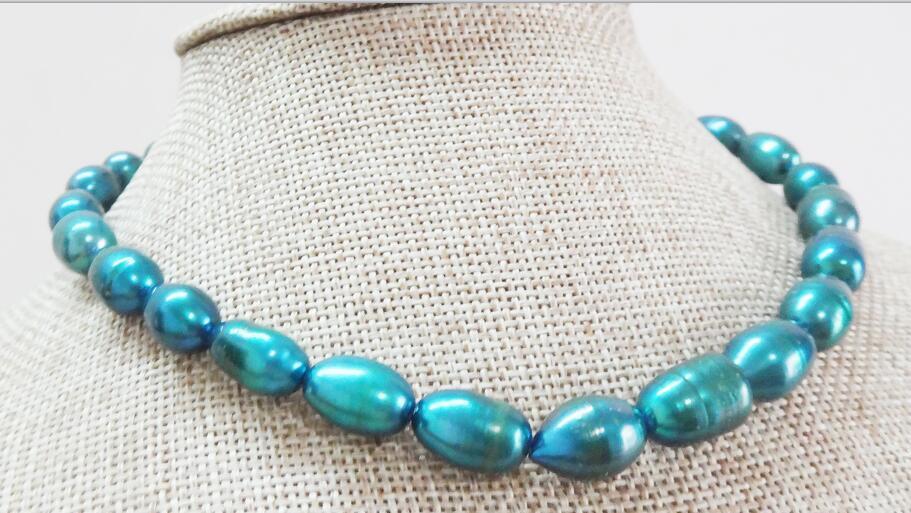 Huge 22″10x14mm natural south sea genuine green blue peacock pearl necklace 14K