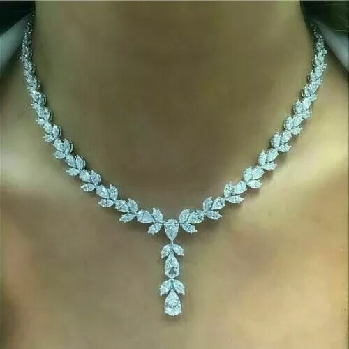 12 Ct Pear Lab Created Diamond Tennis Necklace 14K White Gold Plated 18″