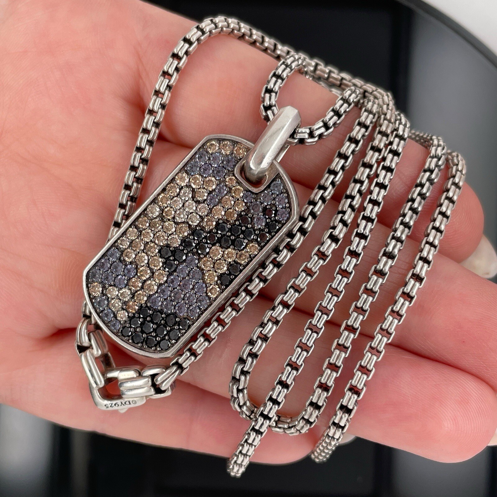 David Yurman Silver Diamonds & Garnets Chevron Tag Pendant Necklace $5000 Retail
