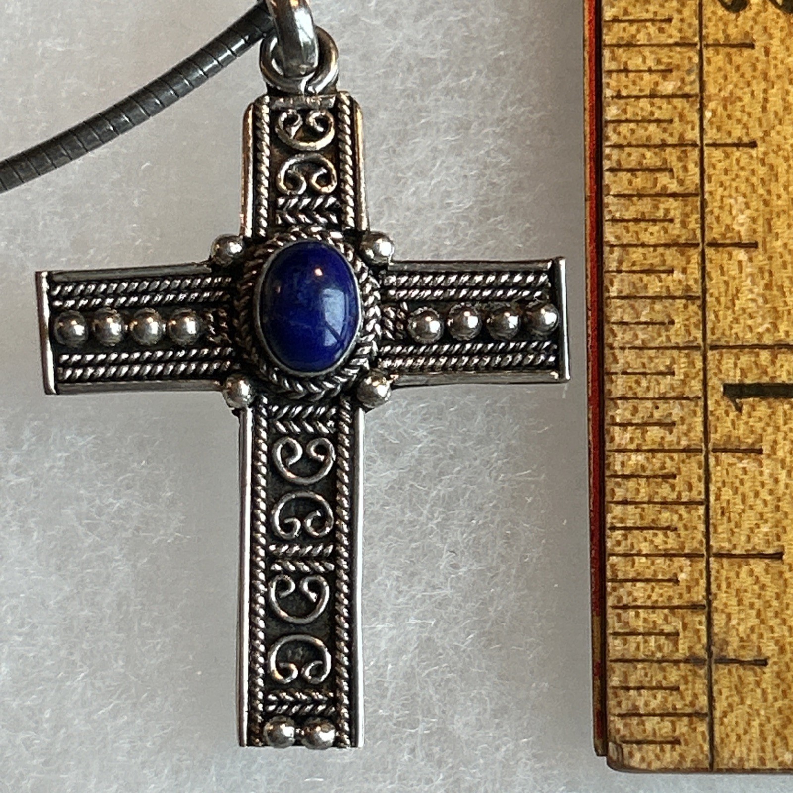 Sterling Silver 925 Omega Necklace And Ornate Cross Pendant With Blue Stone