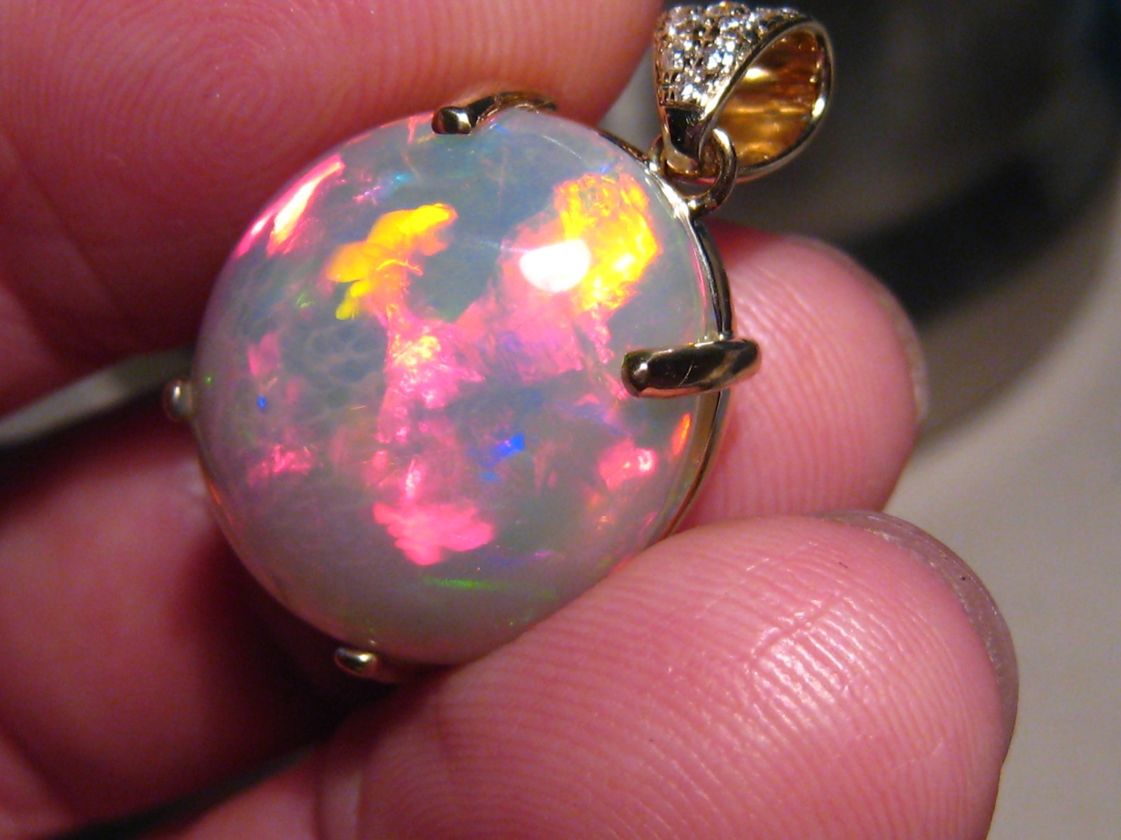 Large 16 ct. Ethiopian Opal and Diamond Pendant , 14 k Gold , Red Harlequin