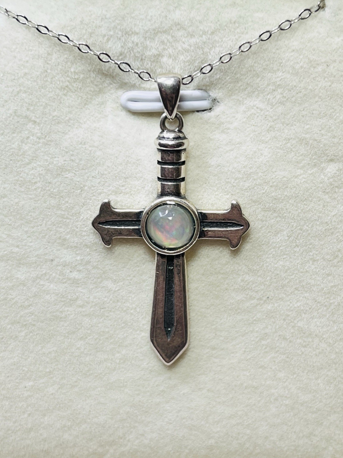 925 Sterling Silver Natural Rainbow Opal Sword Cross Pendant Necklace Unisex Man