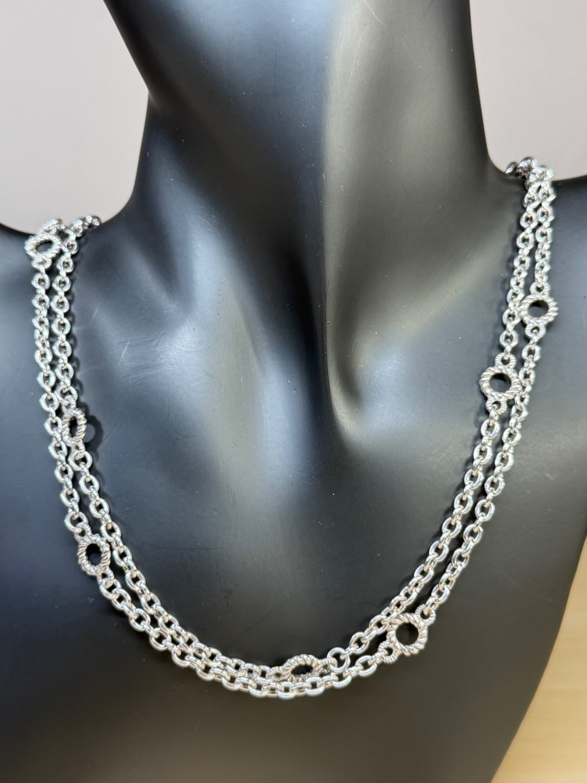 Judith Ripka Sterling Silver Oval Link Chain Round Texture Station Necklace 36in