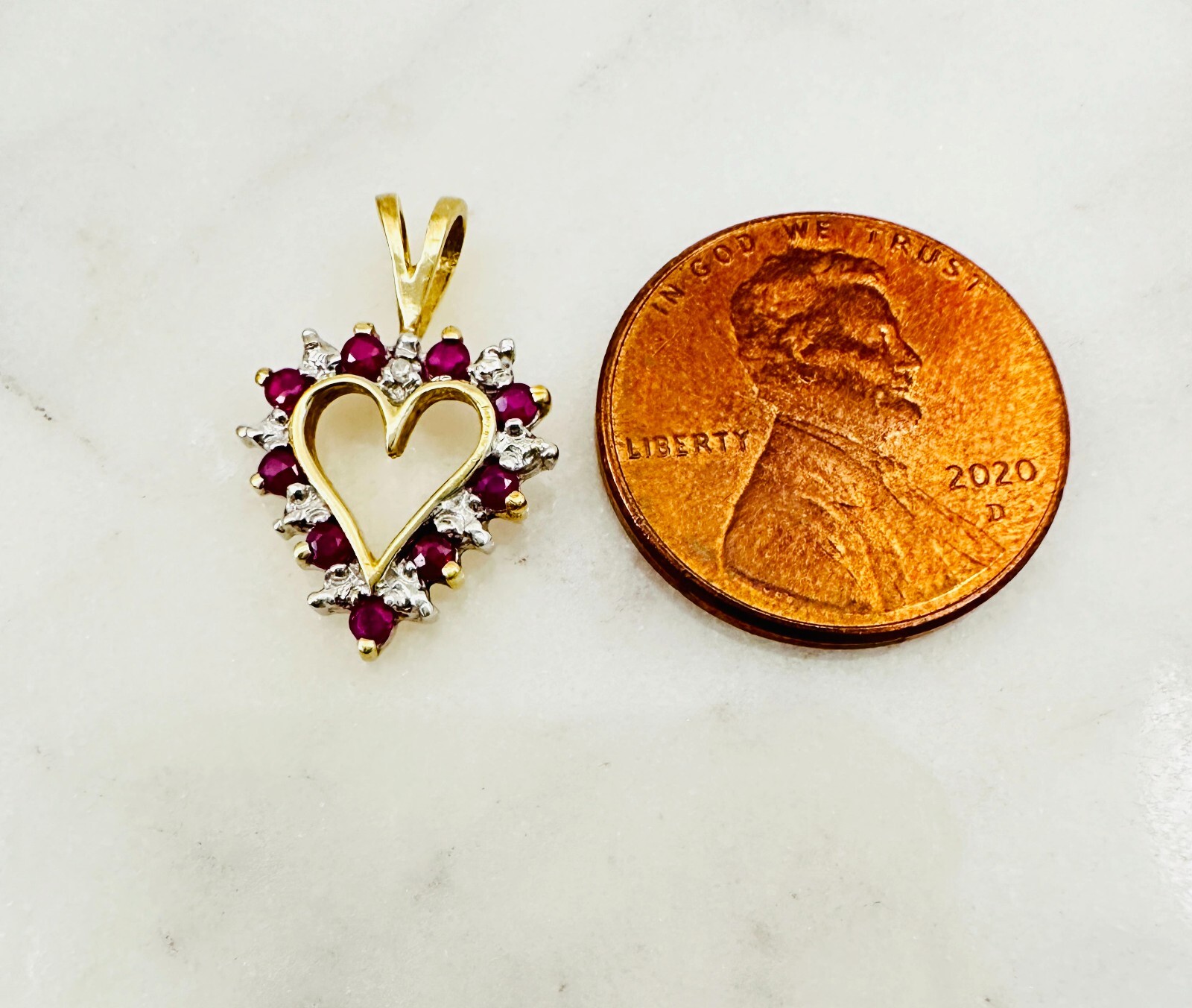Estate 10K Multi-Tone Gold Ruby w/Diamond Accent Small Heart Pendant 19x13mm