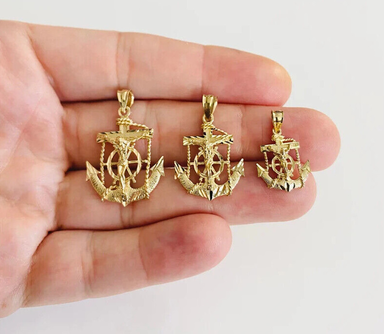 14K SOLID GOLD ANCHOR MARINER CROSS PENDANT, JESUS CHRIST CRUCIFIX – PT1226