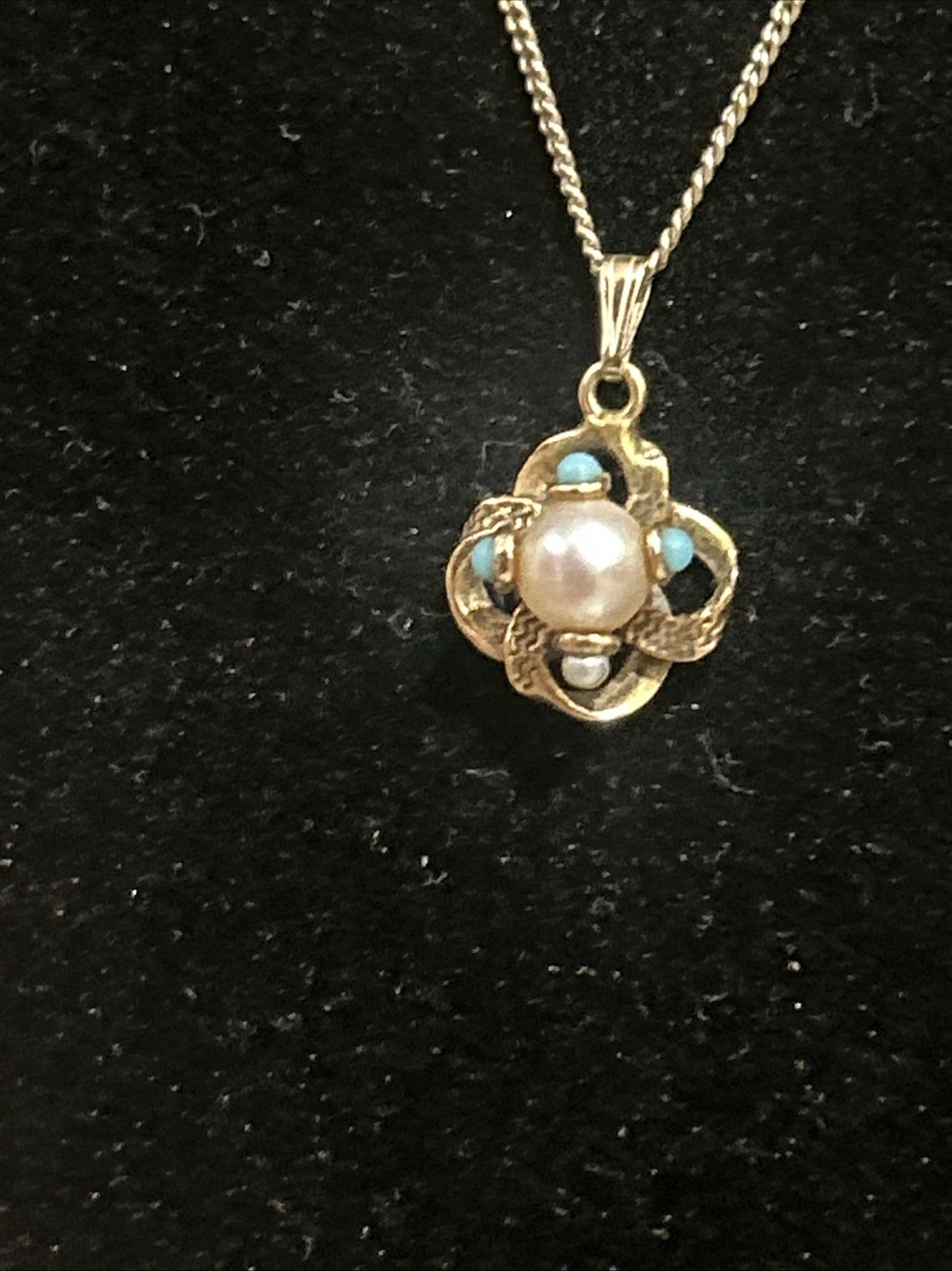 Antique 14k Gold Turquoise Seed Pearl Pendant 2.1g charm W/ GP SS 16”Chain