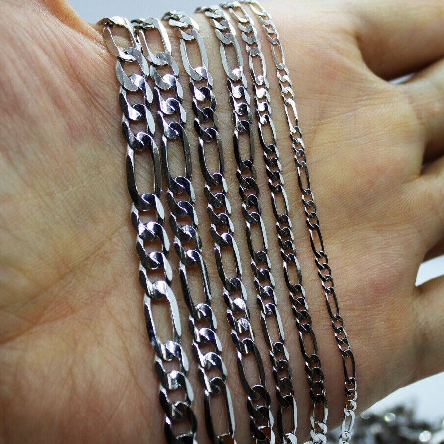 10k Solid White Gold Figaro Chain Necklace Bracelet 2.2mm – 6.2mm 7″ – 30″