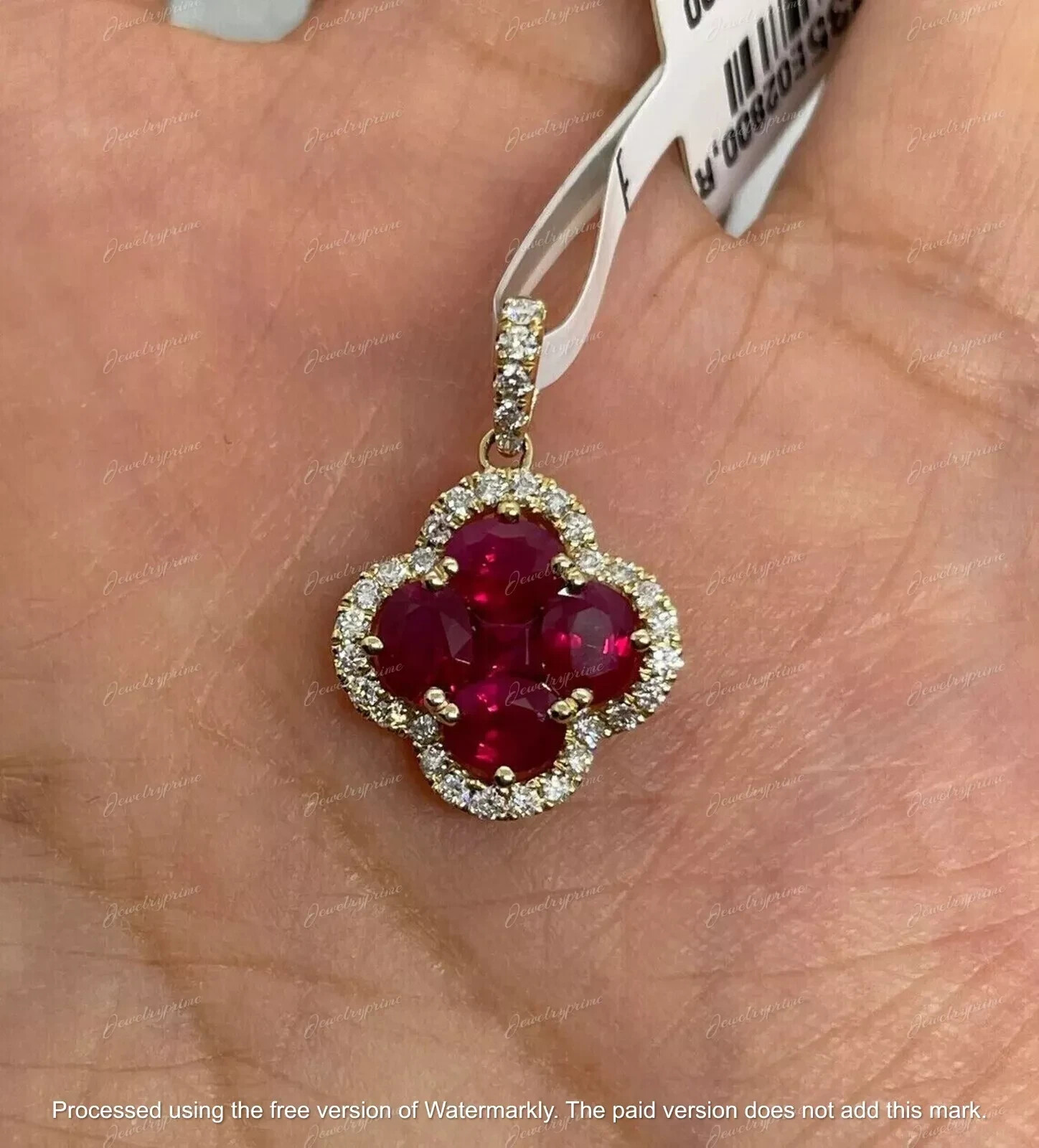 2Ct Oval Cut Lab-Created Red Ruby Clover Shape Pendant 14k Yellow Gold Finish