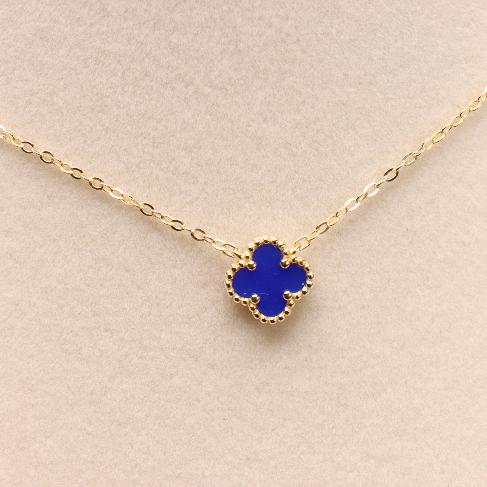 Blue Agate Clover 18” Adjustable Necklace 14k Gold over 925 Sterling Silver