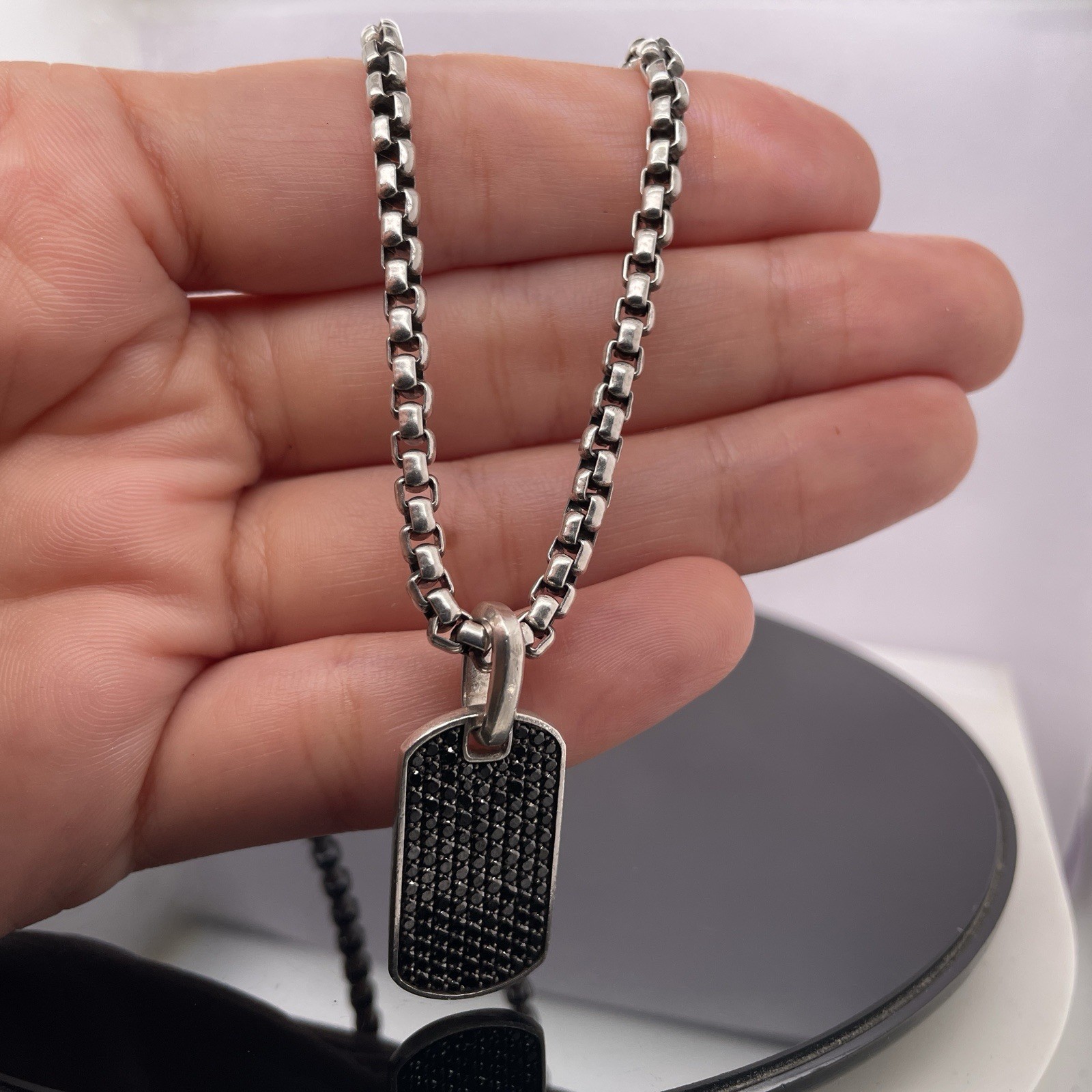 David Yurman Silver Black Diamonds Chevron Tag Pendant Necklace $2600 / 27mm
