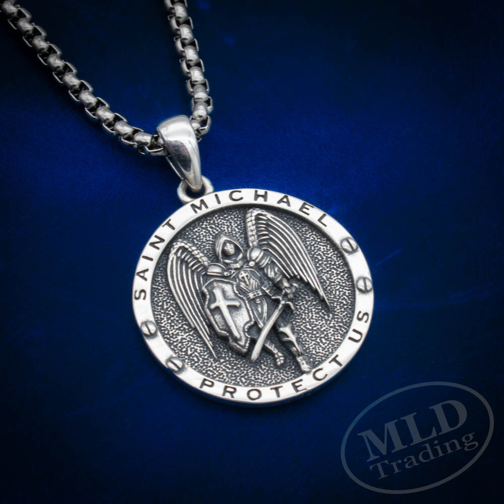 MLD 925 Sterling Silver Saint St Michael Medal Pendant Necklace w/ 22″ Box Chain