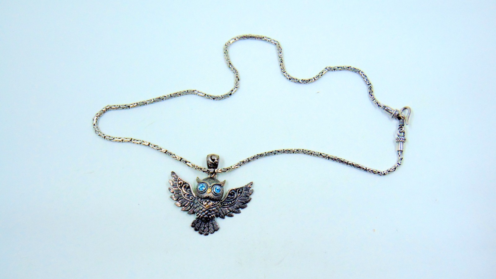 Samuel.B.Behnam Sterling Silver & 18K Gold Blue Topaz Gemstone Owl Pendant/Chain