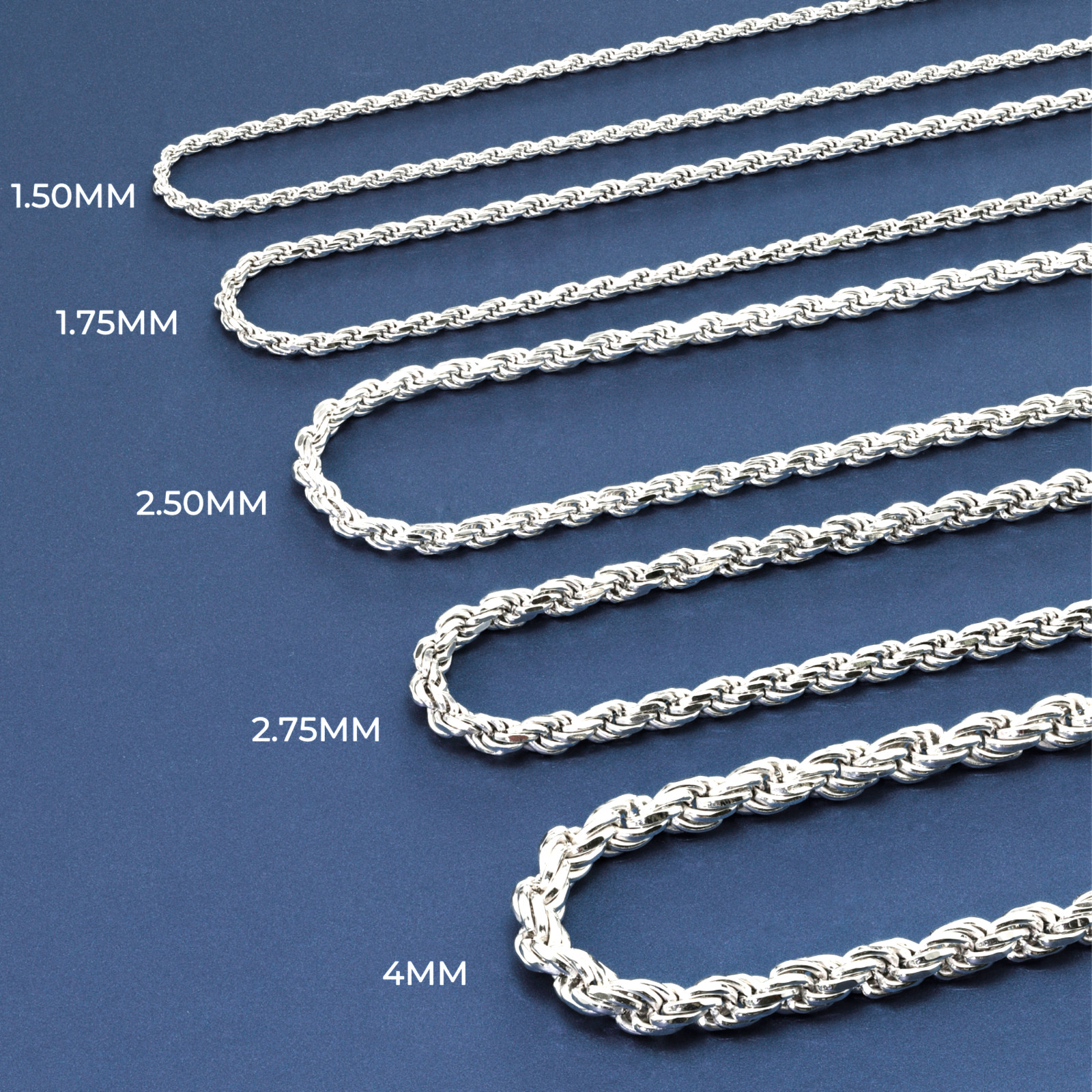 Solid 925 Sterling Silver 1.5mm-4mm Rope Chain Italian Pendant Necklace 18″-26″