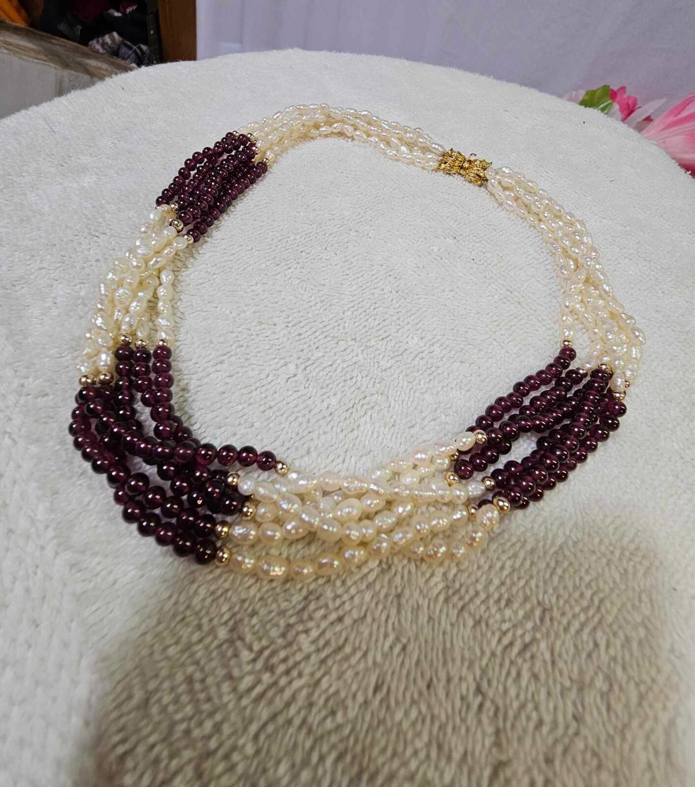 LOVELY Natural Fresh Water Pearls w/ amethyst multi strand choker necklace 15in”