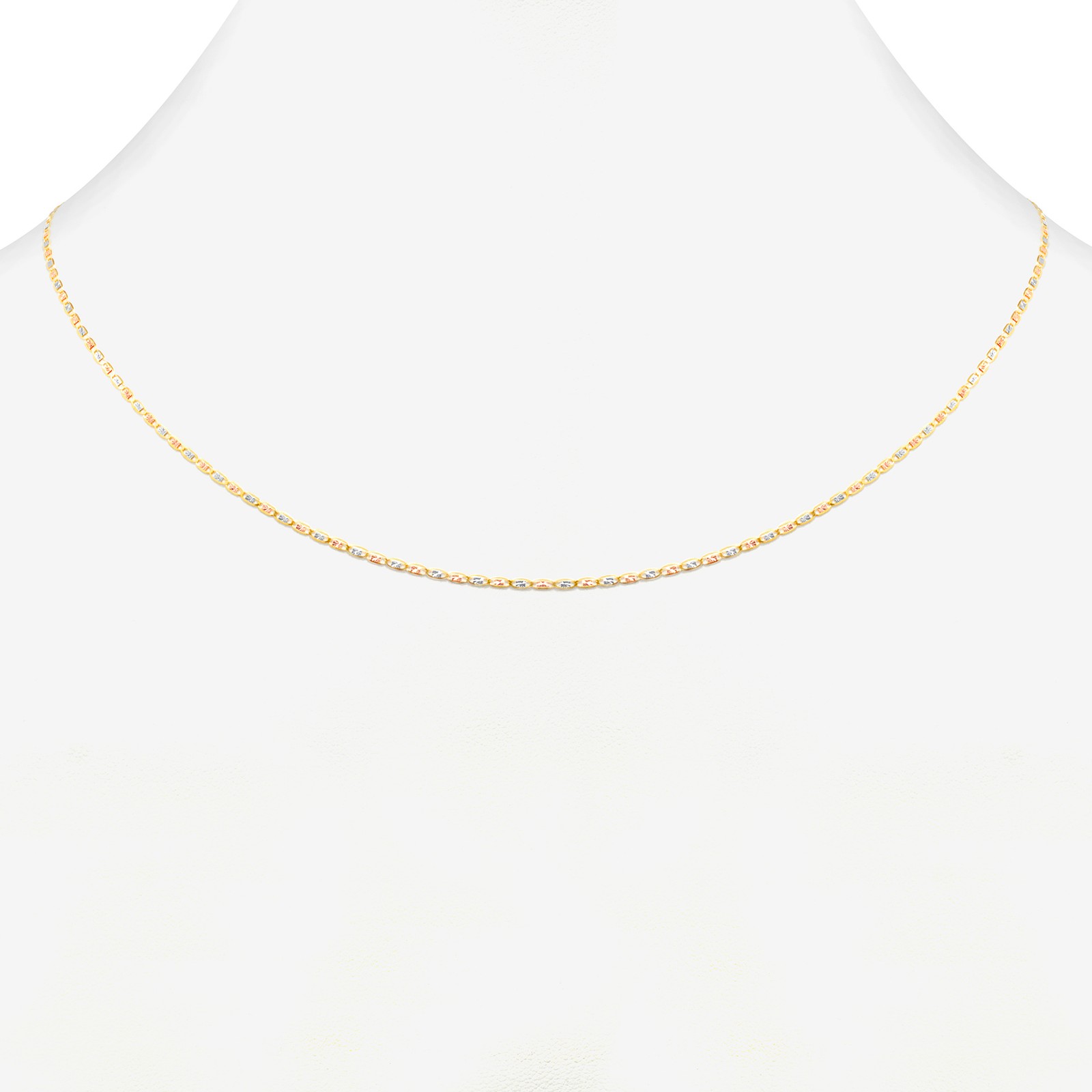 10K Solid Tri Yellow Rose White Gold Thin 1.5mm Valentino Chain Necklace 16″-24″