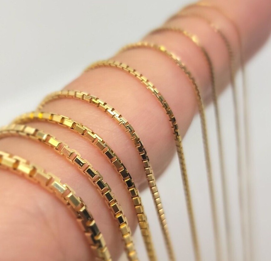 Authentic 14K Solid Yellow Gold Box Chain Necklace 0.55mm-2.5mm All Size 16″-30″