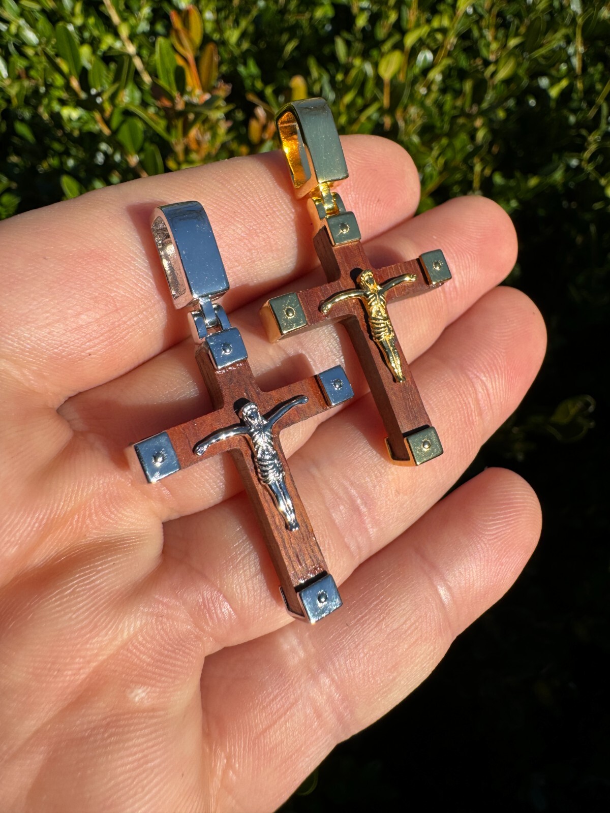 Small Plain Real 925 Silver & Natural Wood Jesus Cross Pendant Necklace 1.25″