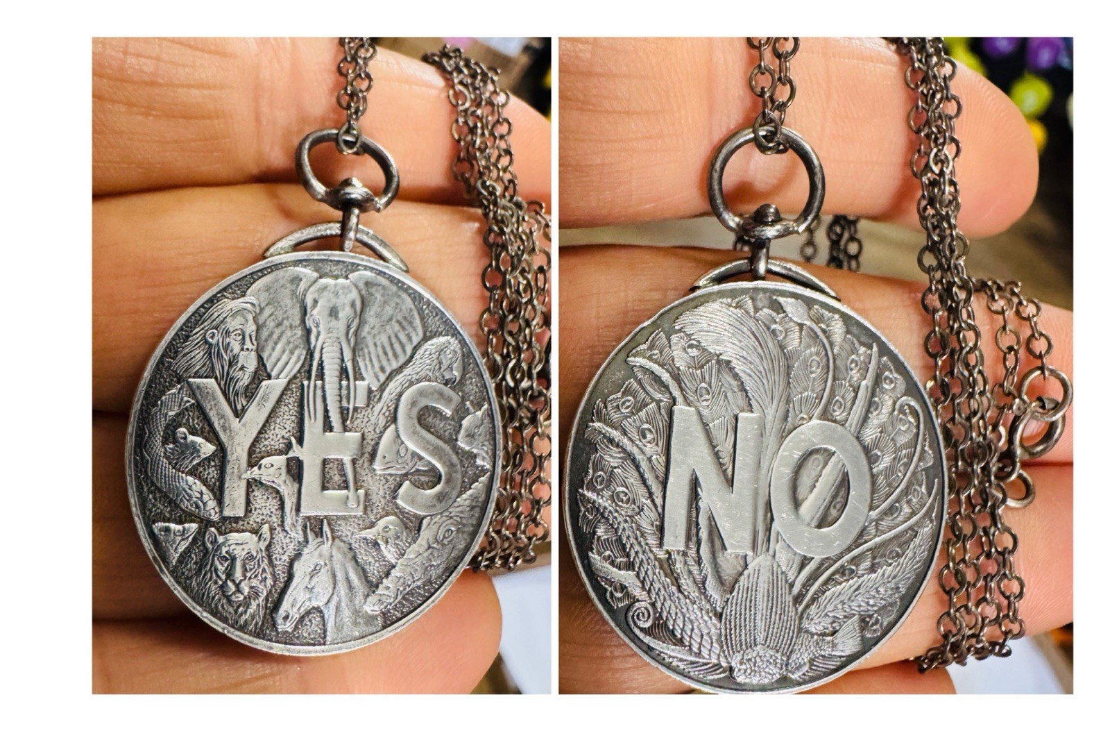 Vtg Sterling Silver Yes No Quandary Coin Pendant Necklace High Detail Animals