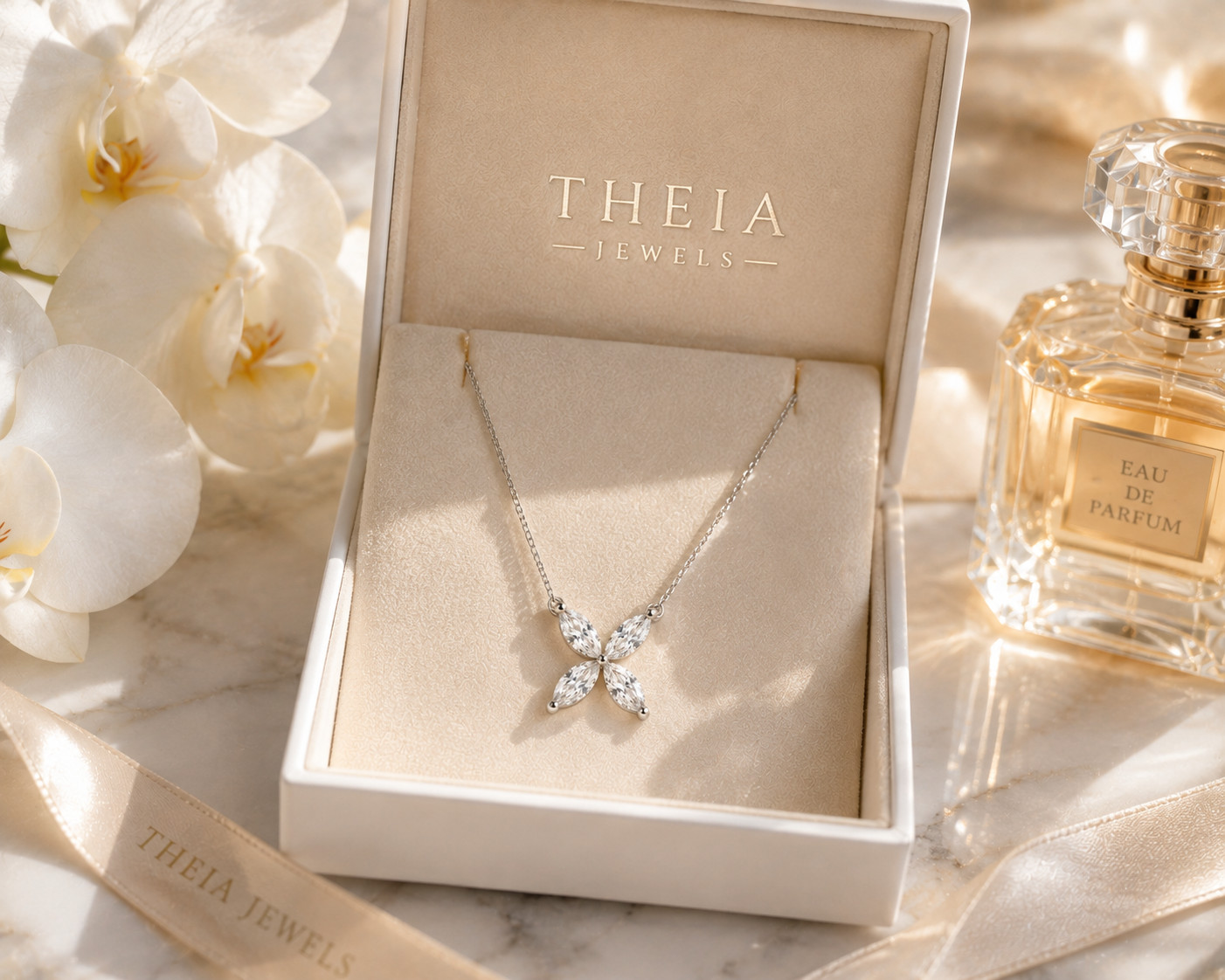 1.34 CT Marquise Lab Grown Diamond Flower Pendant Necklace 14K White Gold