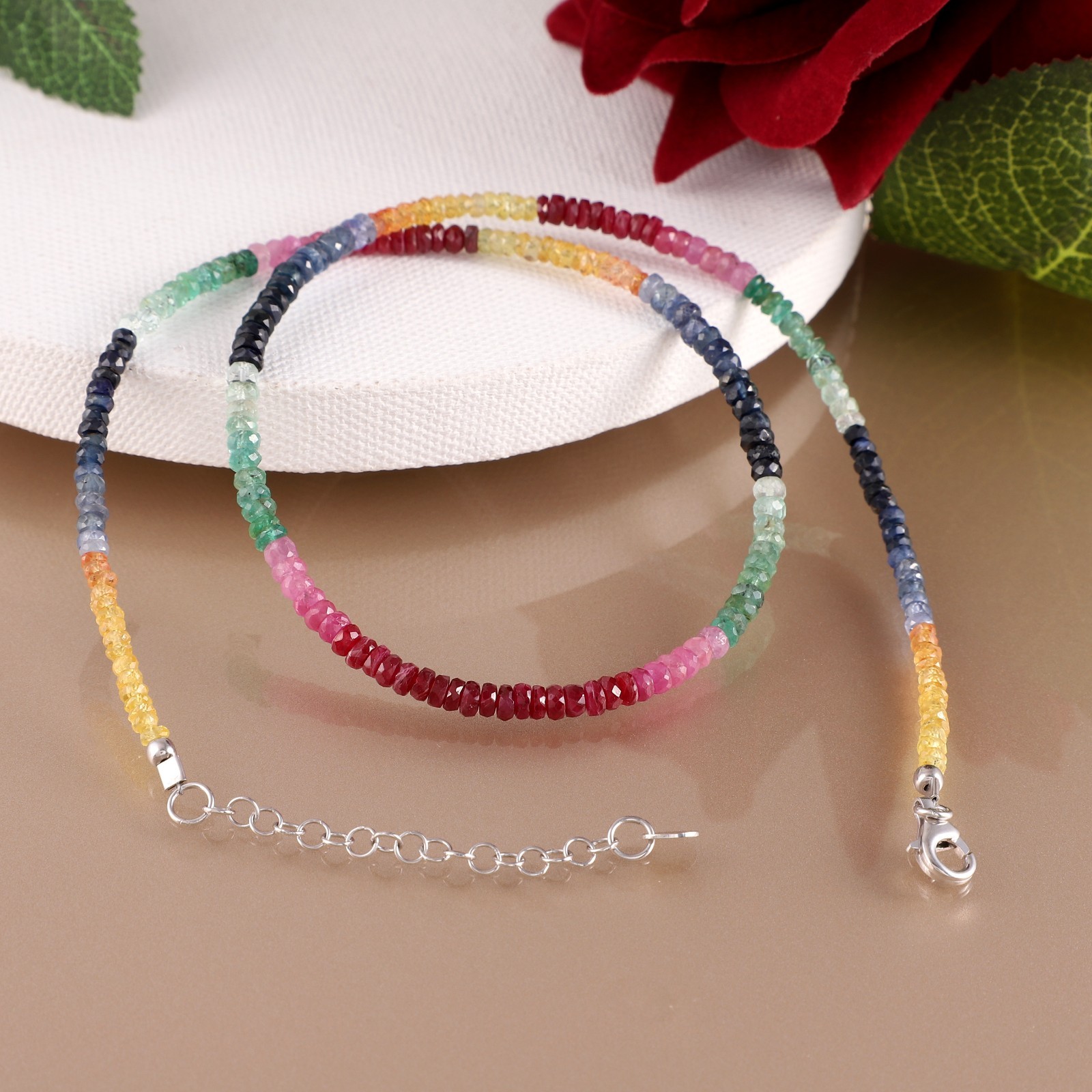 Natural Multi Sapphire Stone Beaded Necklace Faceted Roundel 925 Silver Necklace