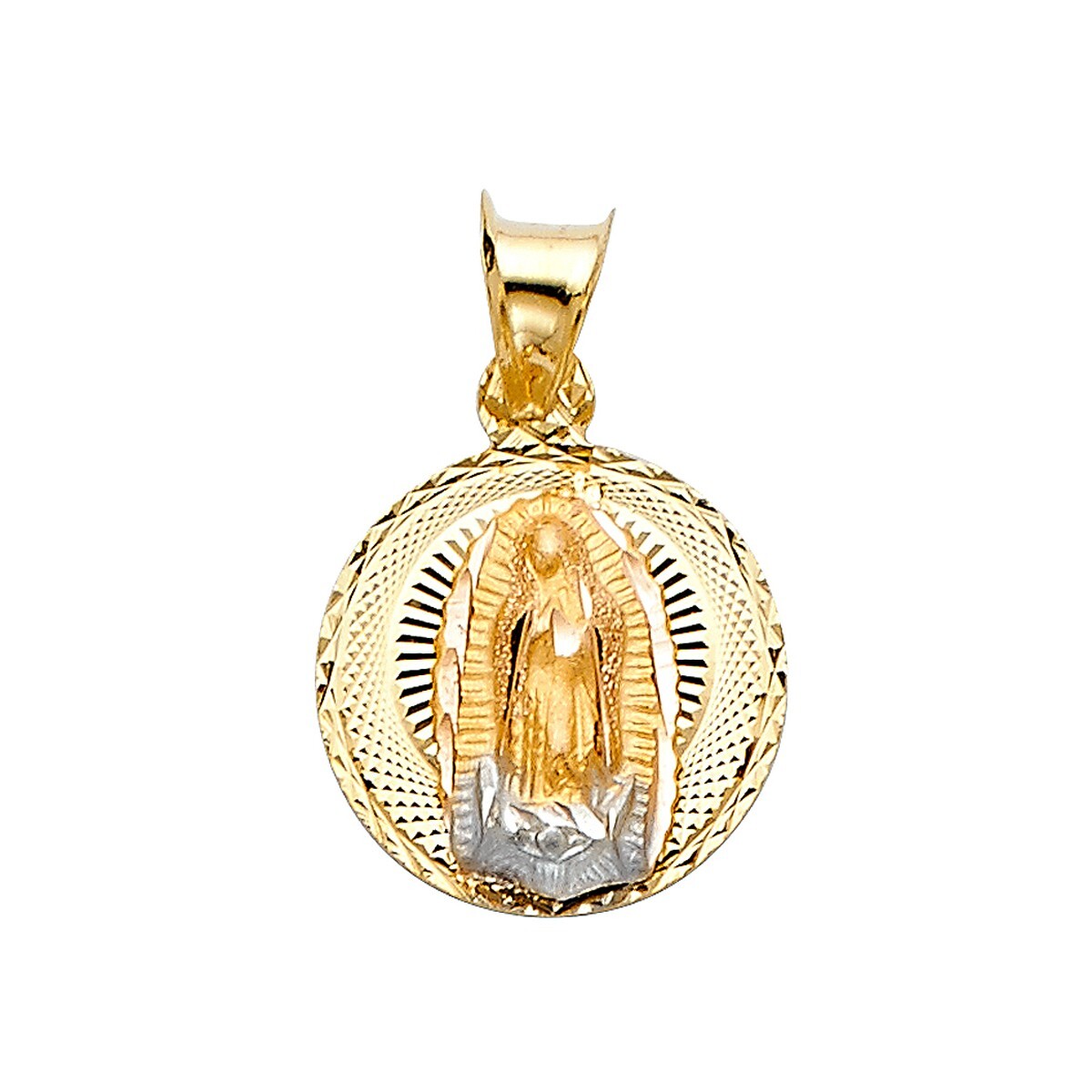 14K Tri Color Gold Diamond Cut Guadlupe Stamp Religious Pendant