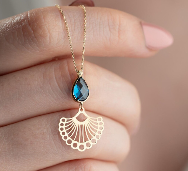Dainty Blue Zircon Drop Necklace 14K Gold Minimalist Geometric Necklace 22″ 55cm