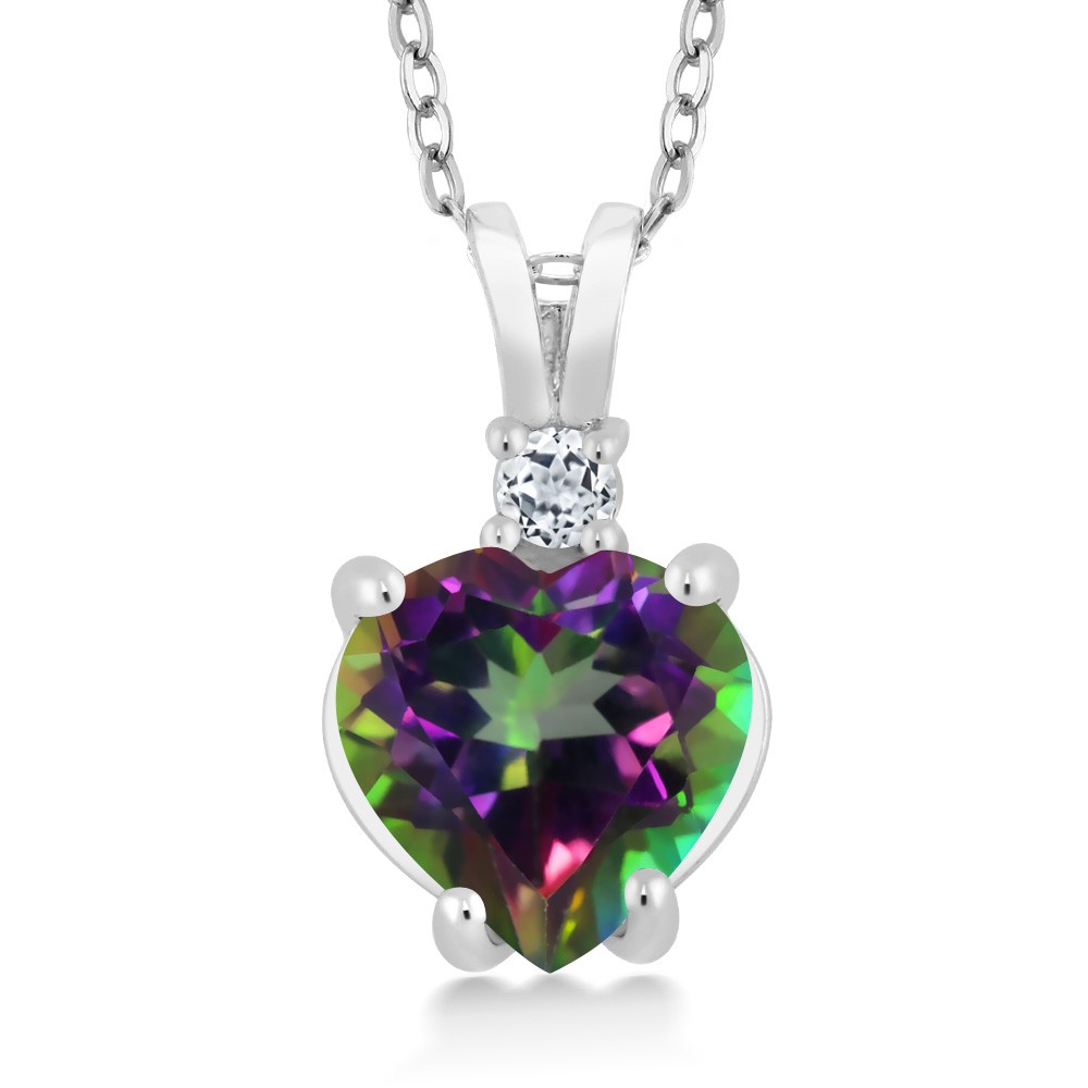 14K White Gold Heart Pendant set with 2.58 Ct Green Mystic Topaz and White Topaz