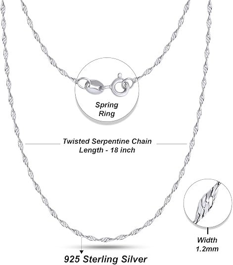 1.2mm Twisted Serpentine Chain 18″ Necklace for Women and Men Sterling Silver