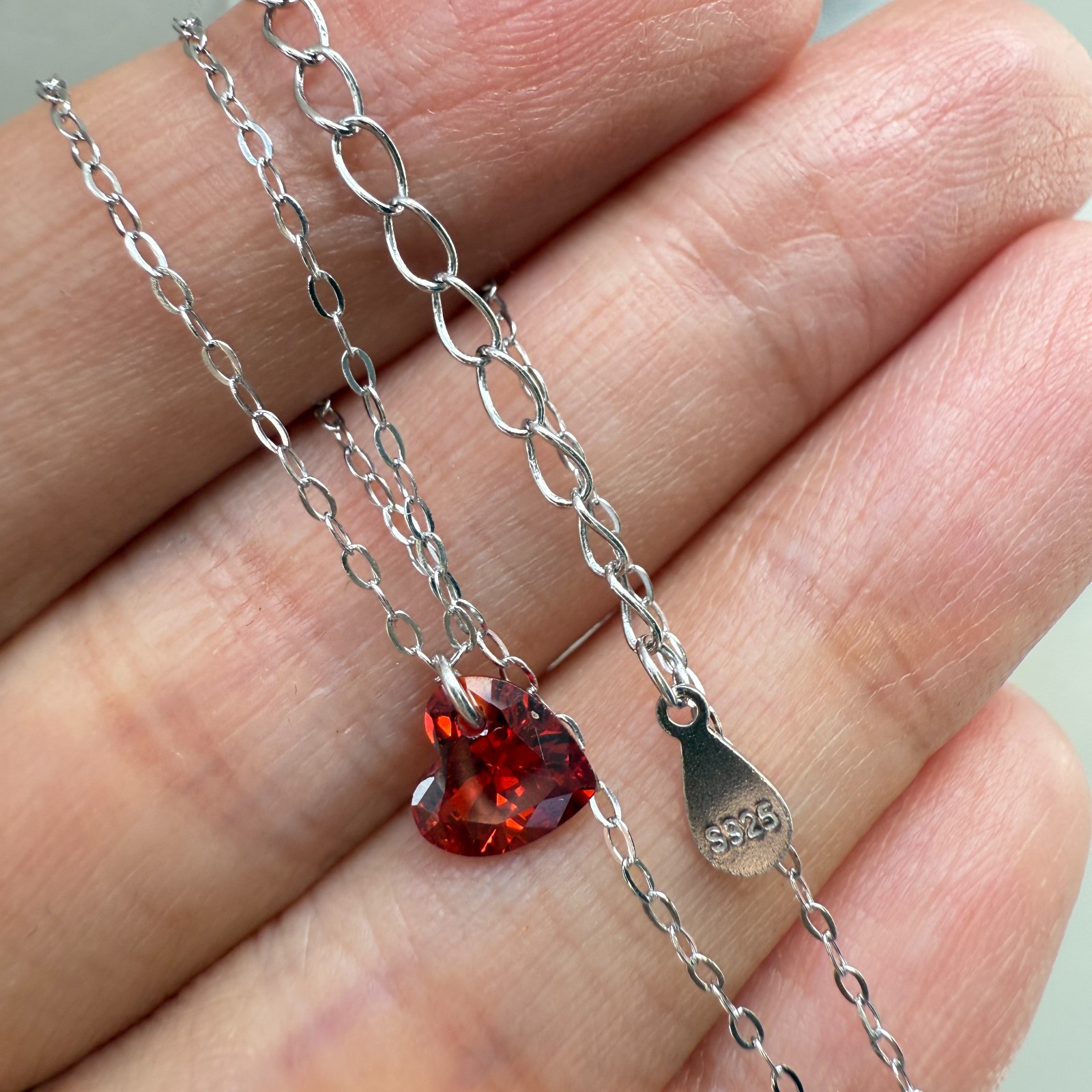 925 Sterling Silver Necklace 6mm Heart Red Natural Zircon Gemstone Chain Gift