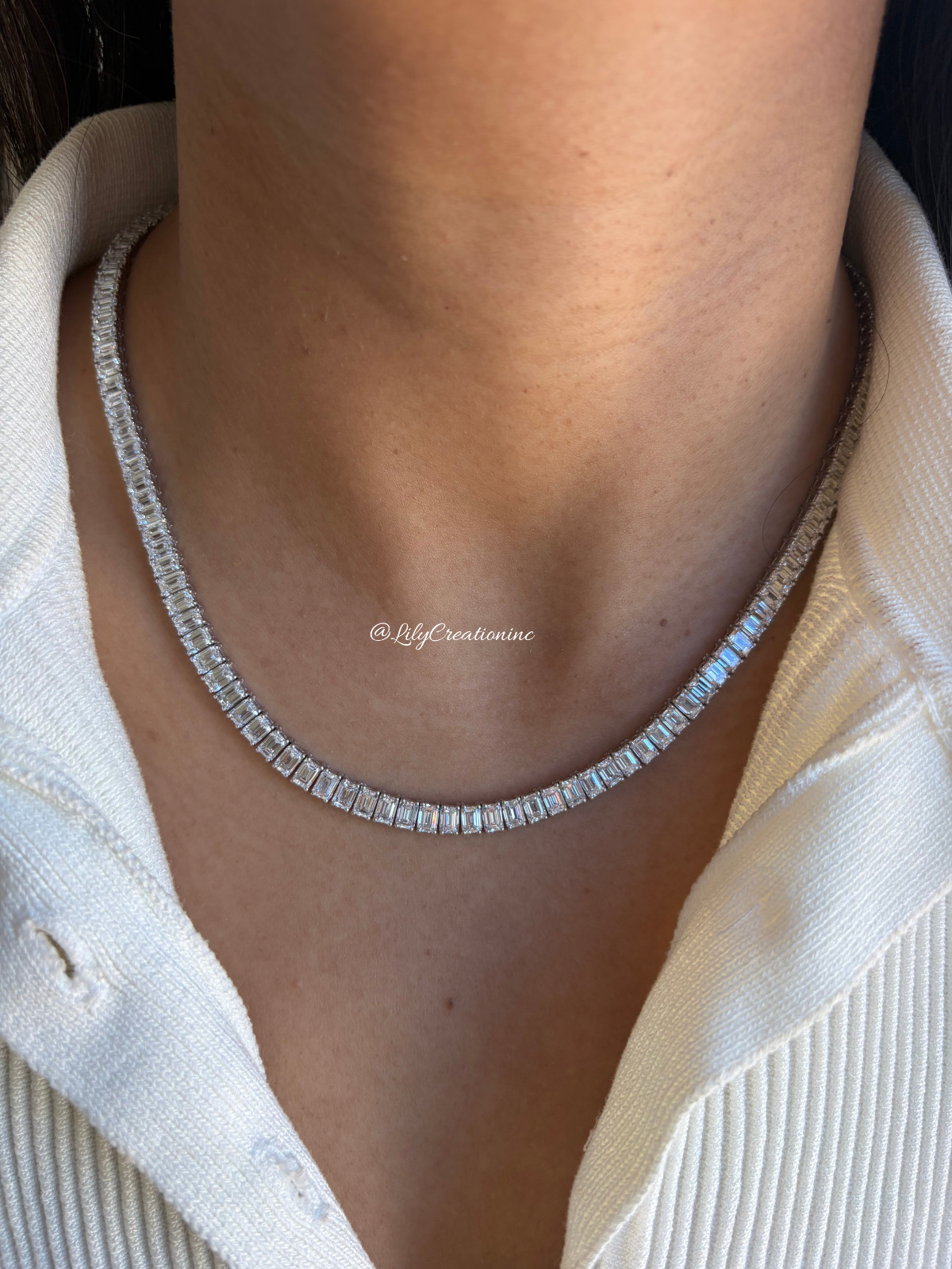 36 Ct Emerald Cut Lab Grown Diamond Tennis Necklace 18 Inch 14K Yellow Gold