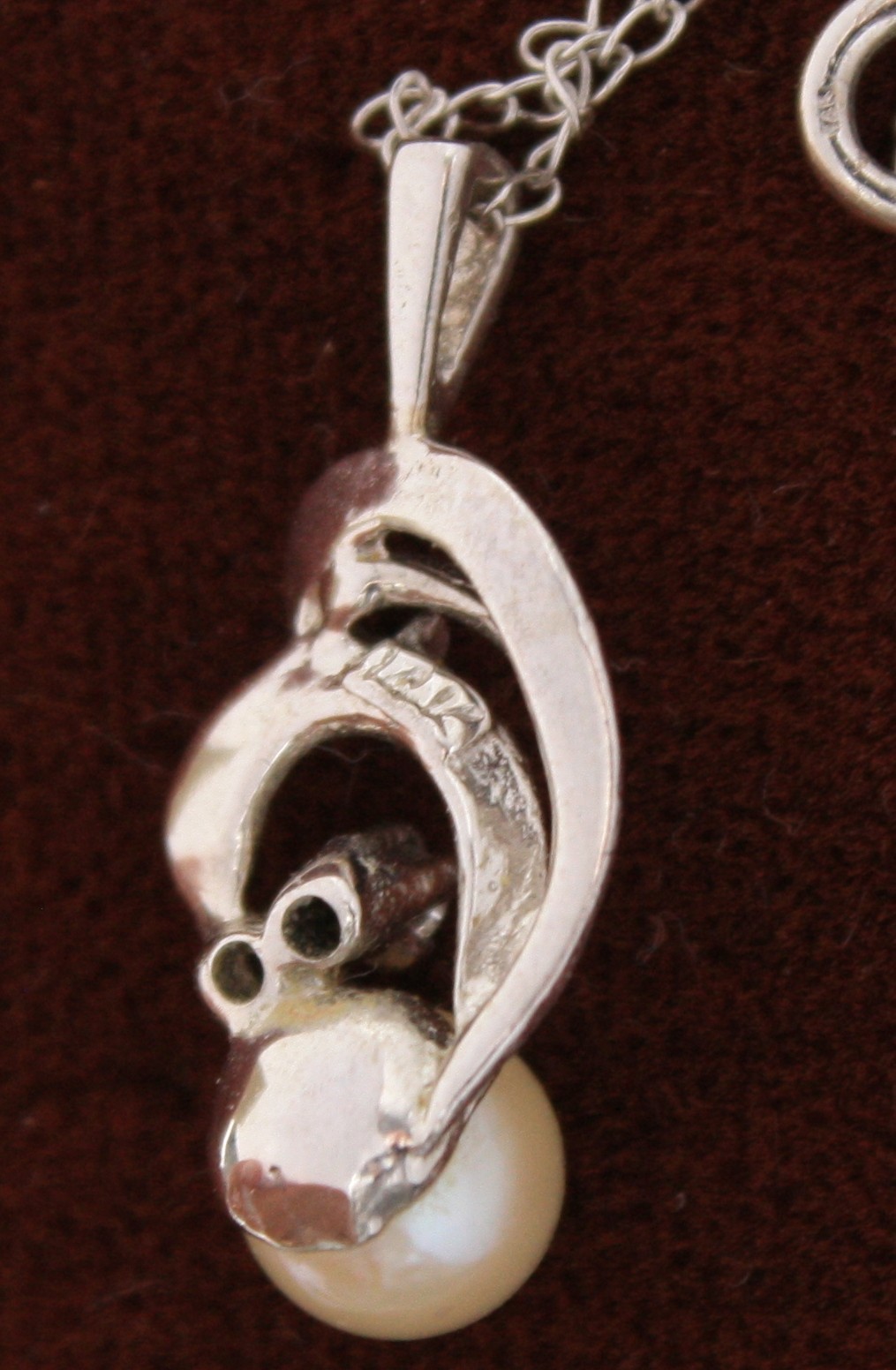 14K Solid White Gold Genuine Pearl, Diamonds Pendant & Chain Necklace 16″ in Box